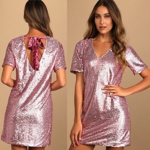 LULUS ANOTHER DANCE PINK SHORT SLEEVE TIE BACK SEQUIN SHIFT MINI PARTY DRESS